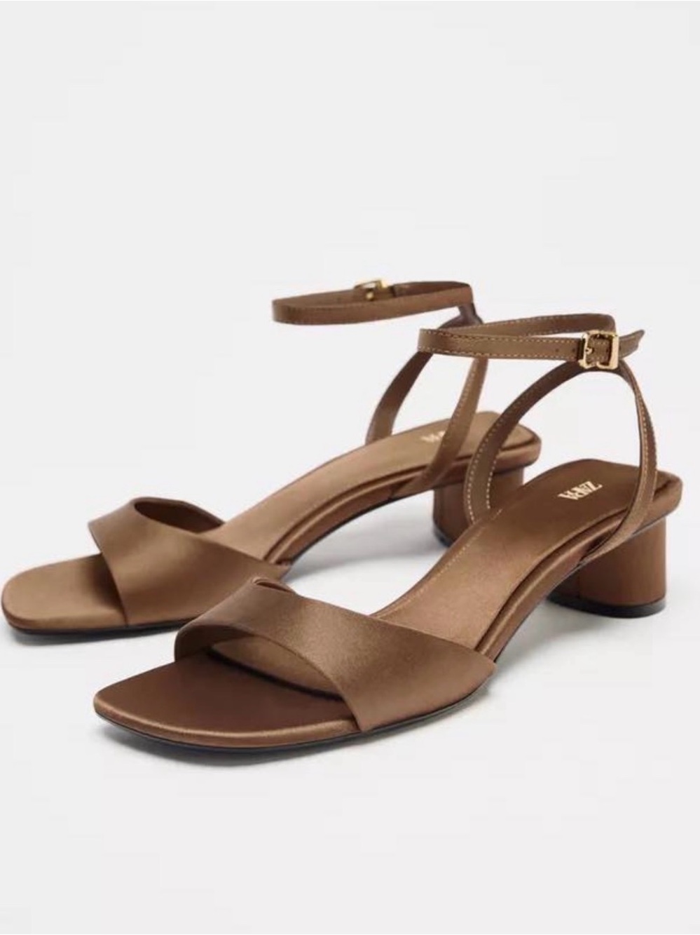 Zara Brown Ankle-Strap Low Block Heel Sandals
